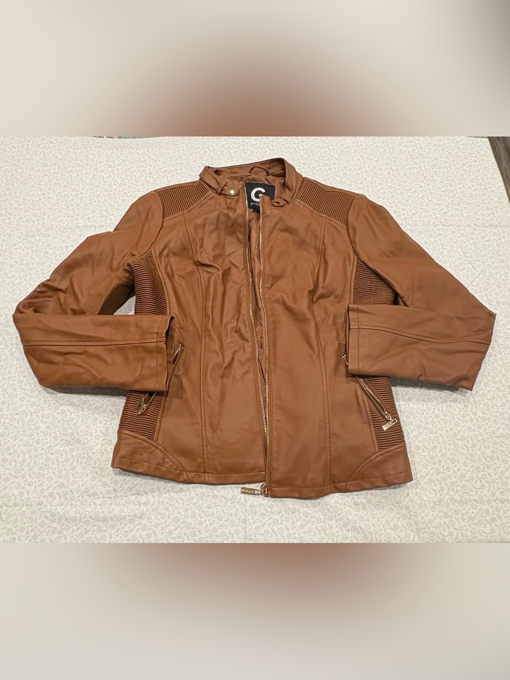 G by GUESS Women’s Cognac Brown Faux Leather Biker Jacket Regular Fit Size L